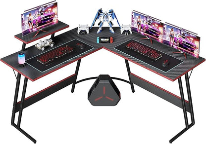 L Shaped Gaming Desk, 51 Inch Computer Corner Table with Large Monitor Stand & Carbon Fiber Surface for Home Office Study Writing Workstation, Black, Black1