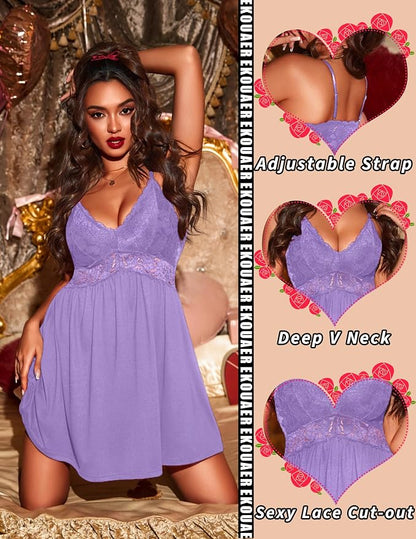 Ekouaer Lingerie for Women Sexy Nightgown Lace Trim Sleep Dress Chemise Nightgowns Sleeveless Night Gown Sleepwear S-3XL