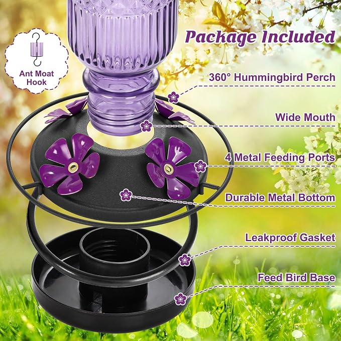 FEED GARDEN Glass Hummingbird Feeder for Outdoors Hanging, 16 oz Leak-Proof Nectar Feeder with Bee Guards & Ant Moat, 4 Metal Flower Feeding Ports, 360° Perch Ring, Easy Refill & Clean, Purple 2 Pack