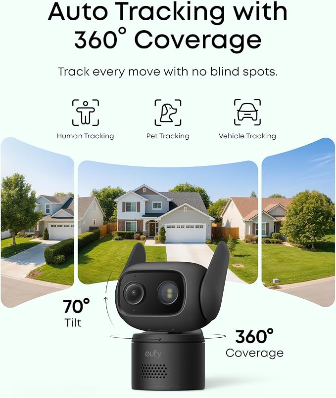 eufy Security Indoor/Outdoor Camera C31(2-Pack), P66, Spotlight-Free Color Night Vision, 360° Coverage View, AutoTracking,Human/Vehicle/Pet/Cry Detection, 24/7 Recording, Black (No Subscription)