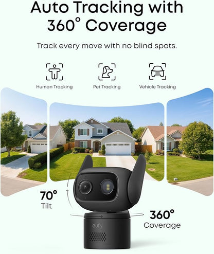 eufy Security Indoor/Outdoor Camera C31(2-Pack), P66, Spotlight-Free Color Night Vision, 360° Coverage View, AutoTracking,Human/Vehicle/Pet/Cry Detection, 24/7 Recording, Black (No Subscription)