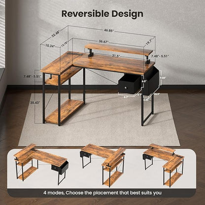 47 inch L Shaped Desk, Computer Desk, Adjustable Stand Office Desk, Power Outlets & Storage Drawer, Reversible Computer Desk with Shelves & Headset Hooks