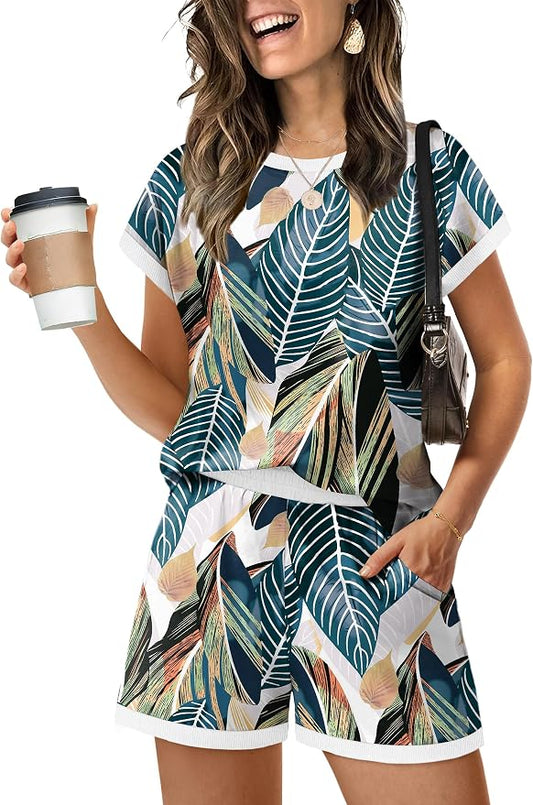 WIHOLL Two Piece Sets for Women Summer Lounge Short Sets Cap Sleeve Crew Neck Sweatsuit with Pocket XS-2XL