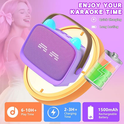 Mgaolo Upgraded Mini Karaoke Machine Toy for Kids, Portable Bluetooth Speaker with 2 Wireless Mics, Emoji & Colorful LED Lights, Home Travel & Party Play Gifts for Boys Girls (Purple)