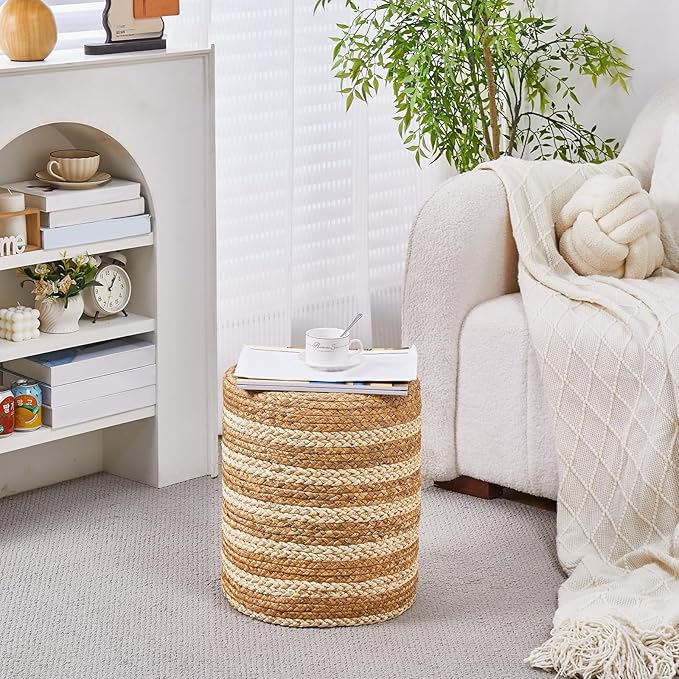 Wimarsbon Ottoman Natural Seagrass Foot Rest Stool Hand Weave Round Foot Stool Pouf Boho Vanity Stools with Non-Skid Mat for Living Room Bedroom Hallway