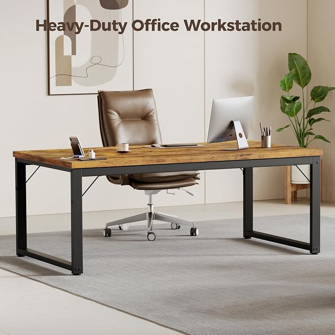Mericonia 54 Inch Computer Desk with Power Outlets, 1.2" Thick Office Table | Modern Simple Style, Heavy Duty Industrial Frame, Study & Writing Table for Home Bedroom Work, Brown