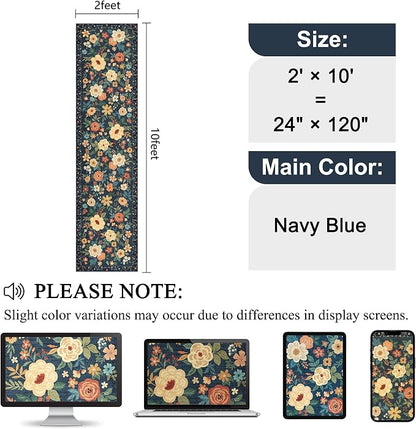 DUKINO Runner Rug, 2x10 Kitchen Hallway Carpet, Washable with Non-Slip Backing, Low Pile Soft Boho Floral for Entryway, Laundry, Bedroom, Dark Blue
