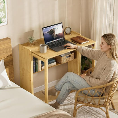 Bamboo Folding Desk for Small Spaces, Small Computer Foldable Desk, Natural | Space Saving Desk for Bedroom Home Office, Mid Century Sofa Table for Couch, Writing Work Office Desk