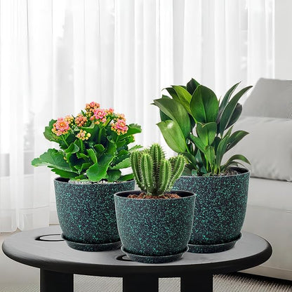 Large Flower Pots 12/10/9 inch, Set of 3 Decorative Plastic Planters with Drainage Holes and Saucers for Garden House Plants, Plant Pots for Indoor Outdoor Plants, Black with Green Speckles