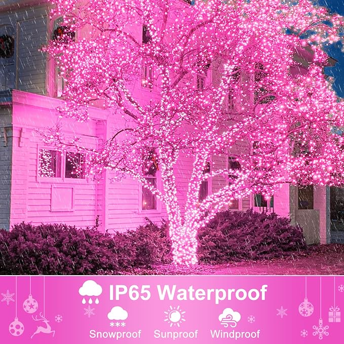 2 Pack Christmas Lights Outdoor, Total 200FT 600LED Christmas Tree Lights Indoor Waterproof, Plug in 8 Modes String Lights for Outside Bedroom Patio Garden Party Holiday Decorations, Pink