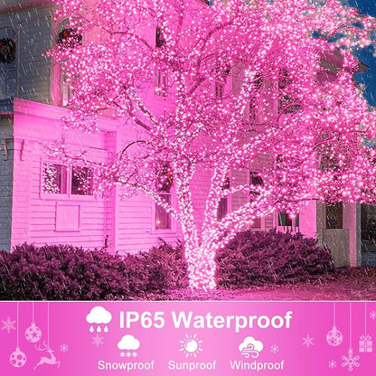 2 Pack Christmas Lights Outdoor, Total 200FT 600LED Christmas Tree Lights Indoor Waterproof, Plug in 8 Modes String Lights for Outside Bedroom Patio Garden Party Holiday Decorations, Pink