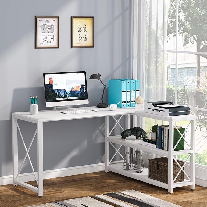 Tribesigns Reversible Industrial L-Shaped Desk with Storage Shelves, Corner Computer Desk PC Laptop Study Table Workstation for Home Office Small Space (White, 53")