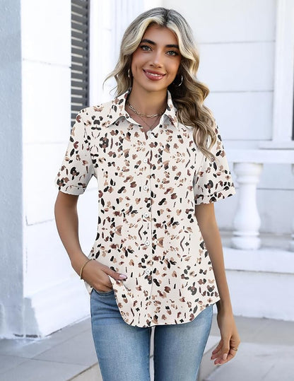 Zeagoo Button Down Shirts for Women Short Sleeve Collared Tops Dressy Casual V Neck Blouses
