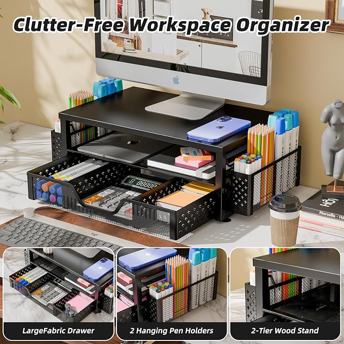 Simple Trending 2-Tier Monitor Stand Riser, Drawer & 2 Pen Holders, Black | Sturdy Material, Anti‑Slip Pads, Ergonomic Support, Space Saving, Easy Setup
