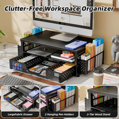Simple Trending 2-Tier Monitor Stand Riser, Drawer & 2 Pen Holders, Black | Sturdy Material, Anti‑Slip Pads, Ergonomic Support, Space Saving, Easy Setup