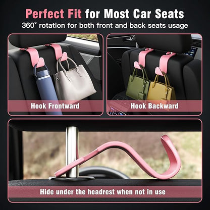 Amooca 4-Pack Car Headrest Hooks –Holds 55lbs Vehicle Storage Organizer Hanger for Purses Handbags Groceries Backpack Coats 360° Rotating Pink