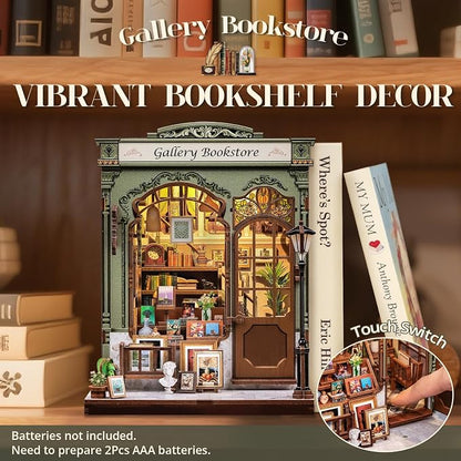 Cutefun Book Nook Kit - DIY Miniature Dollhouse Kit for Adults and Teens, 3D Wooden Puzzle Bookshelf Insert Decor with LED Light, Gifts for Book Lovers and Beginners (Gallery Bookstore)