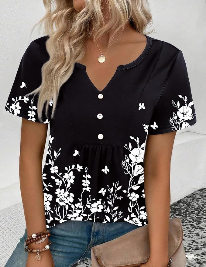 Zeagoo Womens Short Sleeve Tops Summer Henley V-Neck Tshirts Casual Pleated Blouse Dressy Loose Floral Basic Tee