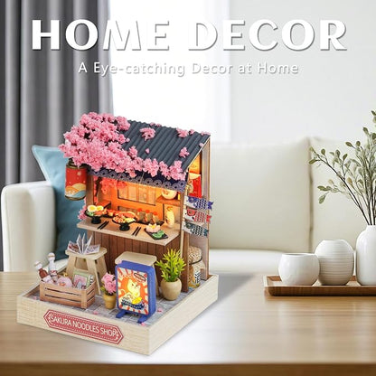 Kisoy Dollhouse Miniature with Furniture Kit, DIY 3D Wooden DIY House Kit with Dust Cover, Handmade Tiny House Toys for Teens Adults Gift (Sakura Noodles Shop)