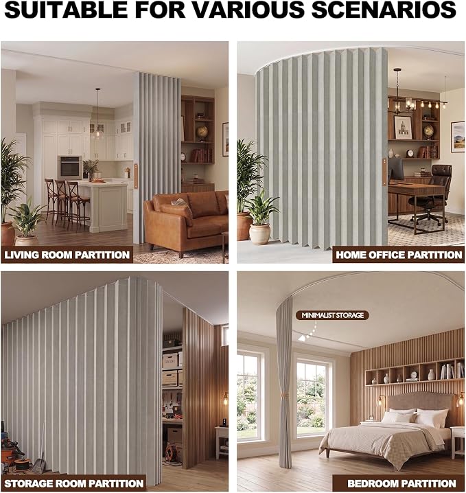 JILRON Folding Accordion Partition Divider with Ceiling Track - Hanging Room Curtain, Quick Setup(Grey 180" W x 84" L-Pack of 1)