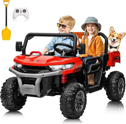Joyracer 4WD 24 Volt Ride on Toys, 800W Ride on Truck for Kids, 2 Seater Power Car Wheels w/Dump Bed & Shovel, Ride on UTV w/Remote Control, Bluetooth, LED Lights, Red