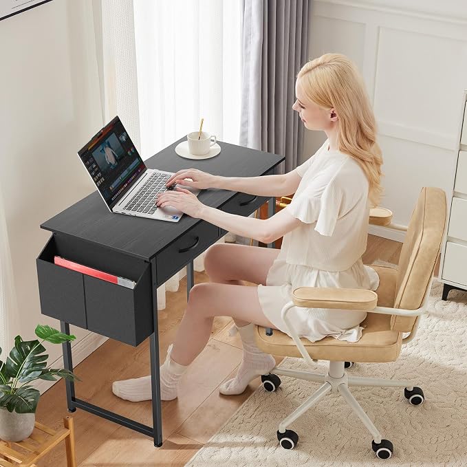 OLIXIS 32 Inch Small Desk, Computer Desk, Home Office | Fabric Drawers, Side Bag, Headphone Hook, Writing Study Work Table, Bedroom, Sleek Black