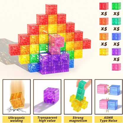 Apluses 45PCS Magnetic Blocks - Transparent Magnet Cubes, Toddler Building Blocks, Sensory Autism Gifts for Kids Ages 3+, Preschool Travel Toys for 3-5 Year Old Boys and Girls