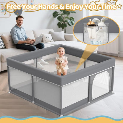 Grey Baby Playpen 64"x64" - with 2 Pull Up Rings Full Cover Anti-Collision Large Playard for Babies and Toddlers Dark Gray Pack n Play Alternative Safety Play Yard Infant Activity Center