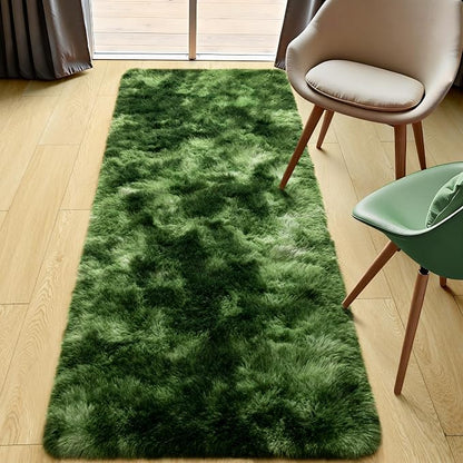 Tepook Soft Runner Rugs for Bedroom 2x6 with Rubber Backing, Tie-Dyed Dark Green Fluffy Rugs for Hallway, Shag Bedside Rug Fuzzy Plush Carpet for Living Room Dorm Nursery Indoor Home Decor
