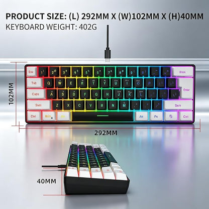 Snpurdiri 60% Wired Gaming Keyboard, Small RGB Backlit Membrane Gaming Keyboard, Ultra-Compact Mini Waterproof Keyboard for PC Computer Gamer White and Black | Backlit Small Membrane Gaming Keyboard for PC Computer Gamer
