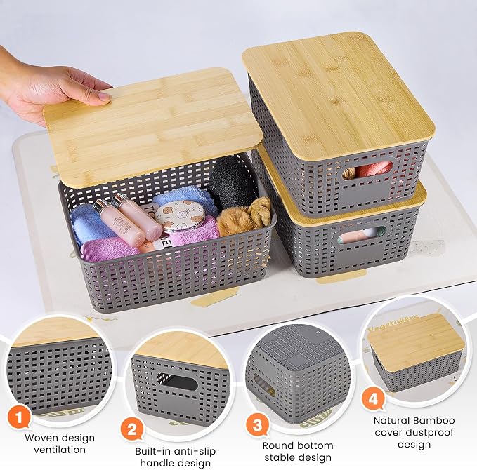 Plastic Storage Baskets With Bamboo Lid - Plastic Storage Containers Stackable Storage bins: Storage Baskets for Organizing Shelves Drawers Desktop Closet Playroom Classroom Office, 6 Pack, Gray