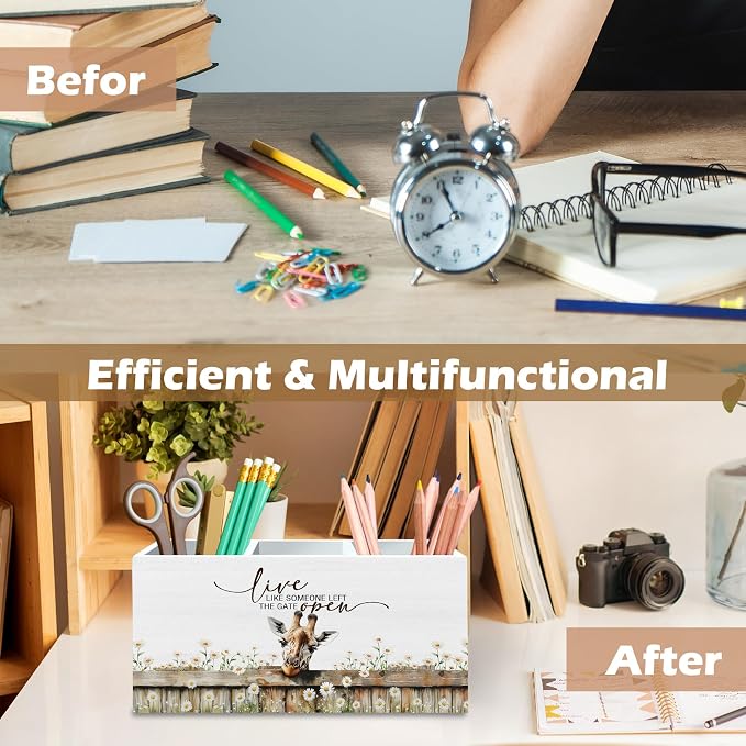 DILSJ Giraffe Inspirational Pen Pencil Holder Organizer For Desk, Giraffe Gifts, Rustic Floral Live Like Someone Left The Gate Open Wooden Box Signs For Home Office Desk Tabletop Decoration