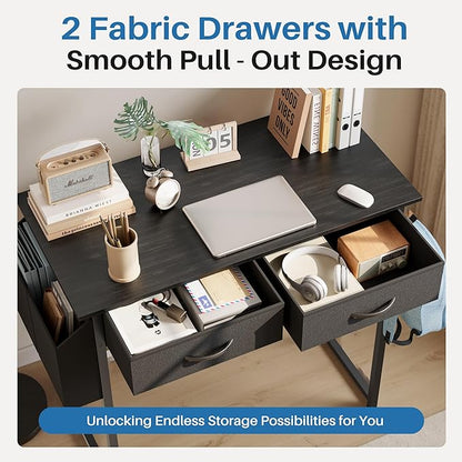 OLIXIS 32 Inch Small Desk, Gaming Computer Desk, Side Bag | Fabric Drawers, Headphone Hook, Home Office, Work Table, Writing Study, Bedroom, Black