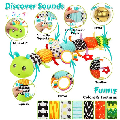 Baby Sensory Toys for 0-6 6-12 Months, Musical Stuffed Caterpillar Toy with Crinkle Rattle Mirror, Baby Essentials Infant Tummy Time Toys for 3 6 9 12 18 Months, Newborn Boys Girls Shower Gifts