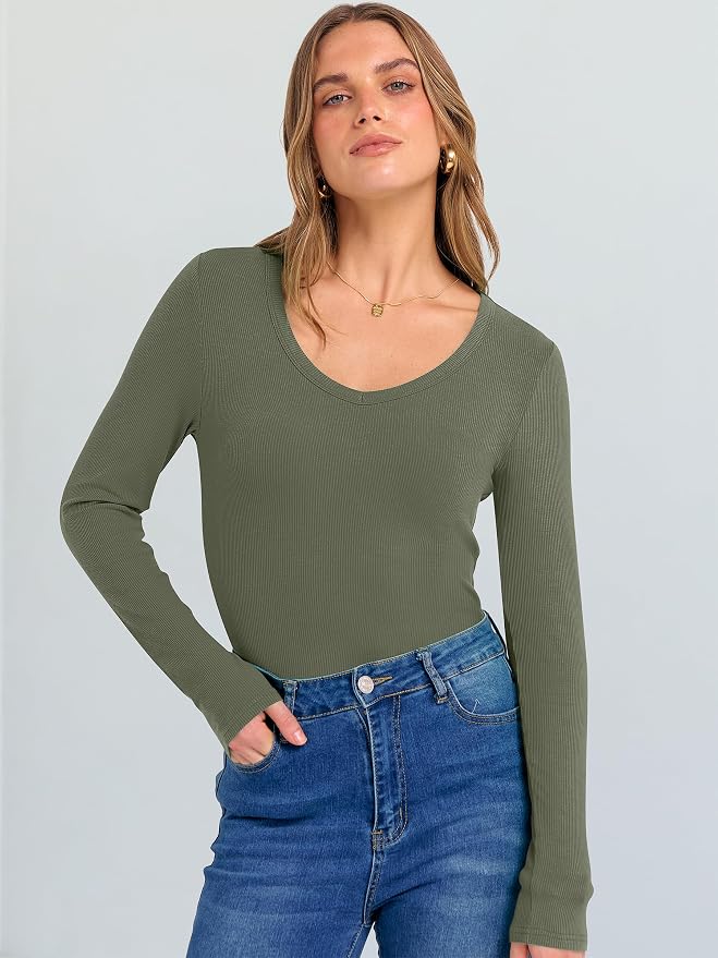 ANRABESS Long Sleeve V Neck Shirts for Women | Soft Comfy Ribbed Knit Fitted Tshirts, Casual Going Out Tops, 2026 Trendy Basic, Fall Winter Underscrub Layering Clothes