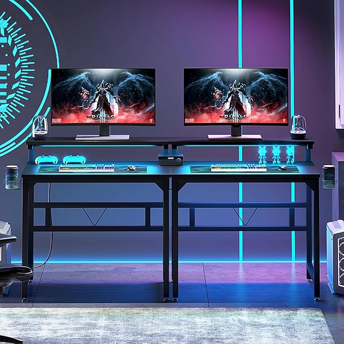 Gaming Desk with Power Outlets & LED Strip Lights,80CM Industrial Writing Desk with Adjustable Monitor Stand, Cupholder and Headphone Hook for Home Office Black