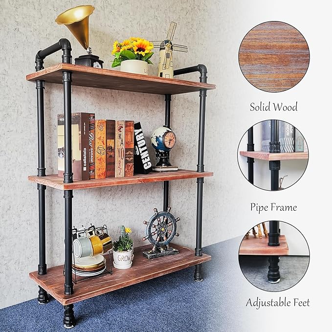 3 Tier Industrial Pipe Bookcase, Rustic Farmhouse Bookshelf with Solid Wood for Living Room, Kitchen, Office