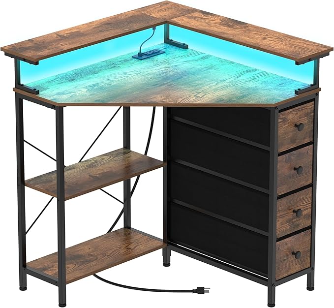 Corner Desk with Drawers Shelves for Small Space 90 Degrees Triangle Computer Desk with Power Outlets,Gaming Desk with LED Lights Monitor Stand for Home Office Workstation Writing Table (Brown)