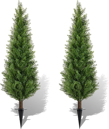 2 Pack 4ft Artificial Cedar Topiary Trees with Ground Spike, Realistic Fake Plants Tree UV Resistant Artificial Plants Indoor Outdoor Faux Plants Evergreen Bushes Shrubs for Porch Garden Office