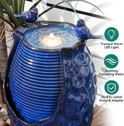 23.5" H Ceramic Jar Outdoor Fountain, Honeycomb Pot Water Feature with LED Lights, Soothing Trickling Waterfall for Garden, Patio, Yard, Balcony or Porch Oasis, Cobalt Blue Glaze, KD Vivid Birds