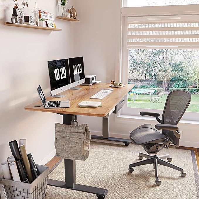 FEZIBO 63 x 24 Inches Standing Desk with Drawer, Adjustable Height Electric Stand up Desk with Storage, Sit Stand Home Office Desk, Ergonomic Computer Desk, Light Rustic