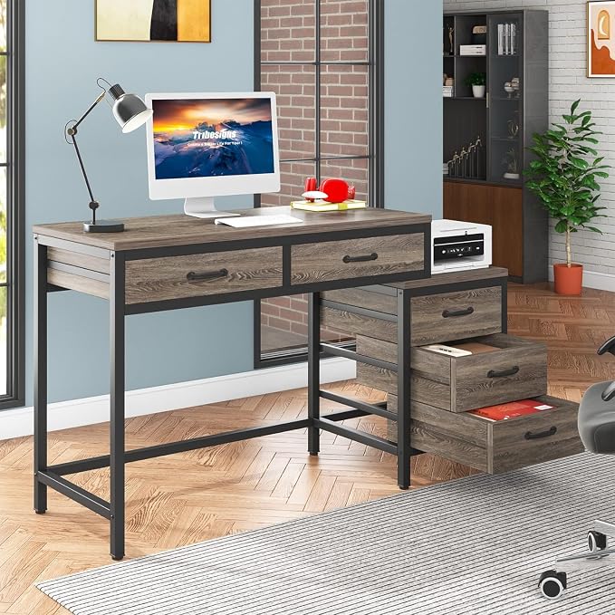 Tribesigns Computer Desk with 5 Drawers, Reversible Home Office Desks | Small Desk with Drawer Cabinet Printer Stand, PC Desk with Storage, Grey Study Writing Table Workstation for Small Spaces