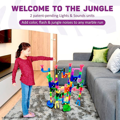 Marble Genius Marble Run Lights & Sounds Accessory Set - 10 Randomized Jungle Sounds and 2 Flashing Lights, Compatible with Any Marble Genius Set, for Ages 3 and Above, Green-Jungle Sound