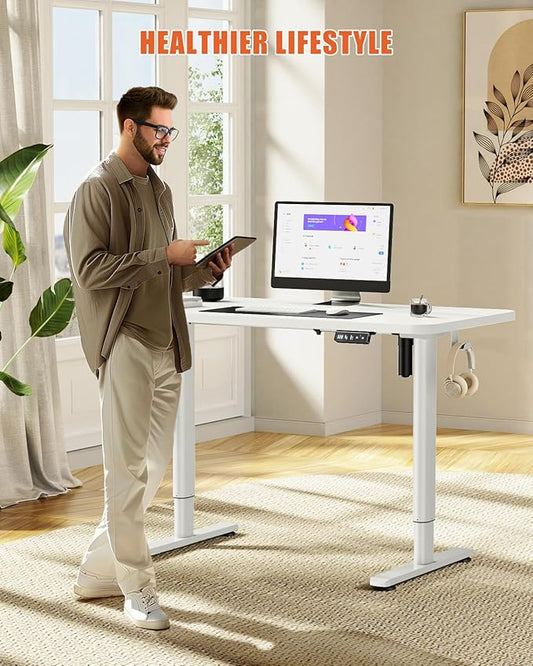 Electric Standing Desk Adjustable Height Stand Up Desk, 48" x 24" Sit Stand Desk, Low Noise Home Office Desk, Computer Desk with Splice Board, Child Lock & Memory Function, White