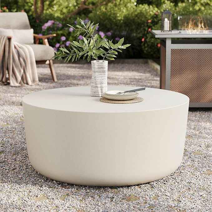 Modway Brion 34 Inch Round Concrete Coffee Table – Indoor/Outdoor Tapered Cylinder Coffee Table – Low Center Table for Living Room or Patio in White