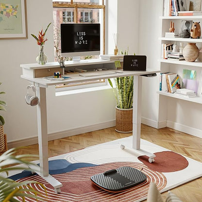 FEZIBO 55 x 24 Inch Height Adjustable Electric Standing Desk with Double Drawer, Stand Up Desk with Storage Shelf, Sit Stand Desk, White