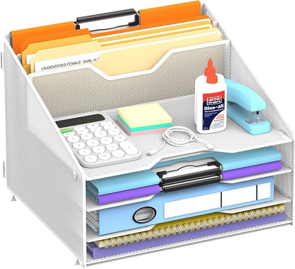 Desk File Organizer, 4 Letter Trays and 2 Upright Sections, White | Paper Organizer for Desk with Tiered Letter Trays and Vertical File Holders for Home Office, School and Workspace Use