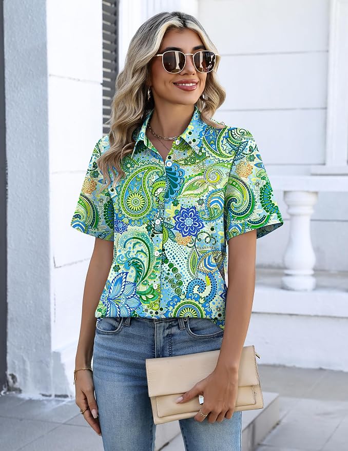 Zeagoo Button Down Shirts for Women Short Sleeve Collared Tops Dressy Casual V Neck Blouses
