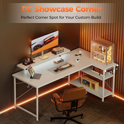 Mericonia 55 in L Shaped Gaming Desk, Large Corner Desk with Monitor Stand | Reversible Computer Desk with Power Outlets, LED Light & Storage Shelves, Office Table for Home Bedroom Study Work Writing