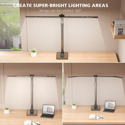 LED Desk Lamp for Home Office - 24W Bright Double Head Desk Light with Clamp Eye Caring Architect Task Light 25 Lighting Modes Adjustable Flexible Gooseneck Lamp (All Black)